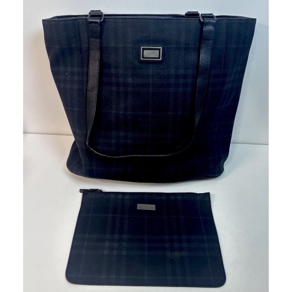 BURBERRY Nova Check Leather And Canvas Tote Shoulder Bag With Extra Cosmetic Bag